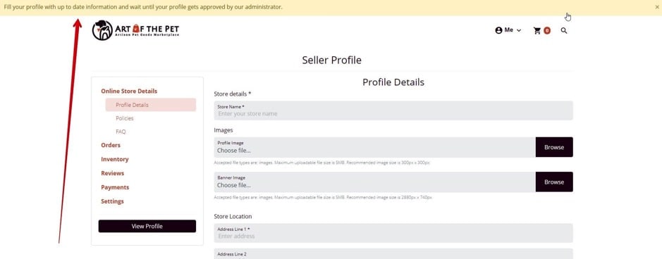 sellers prompted to fill profile while in moderation