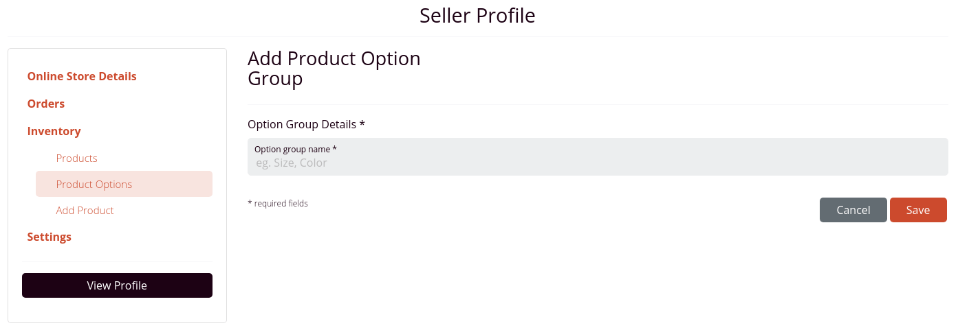 The Add Product Option Group section of a profile
