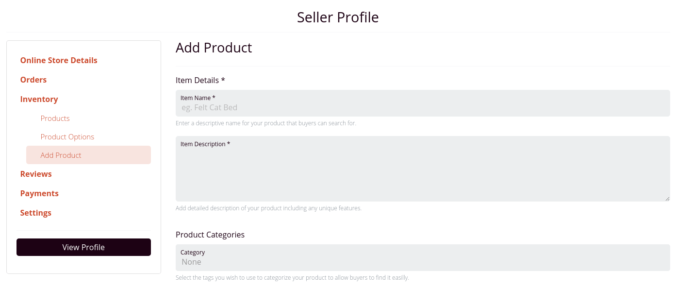 The add product section of a profile