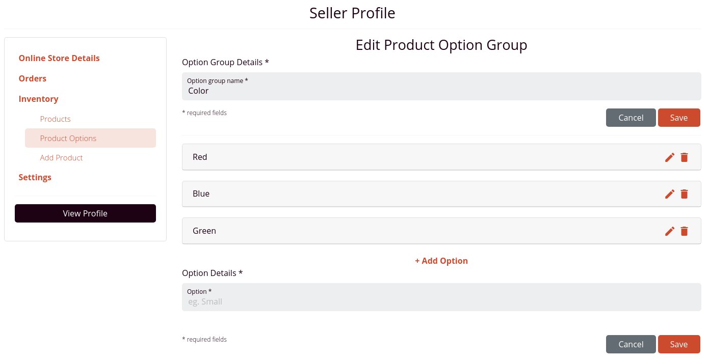 The Edit Product Option Group section of a profile
