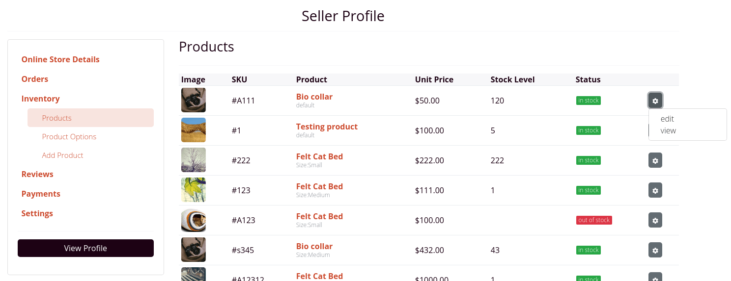 The products list section of a profile with actions menu open
