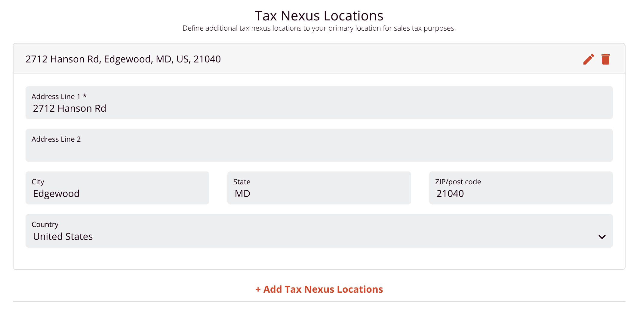 Tax Nexus Form Screenshot