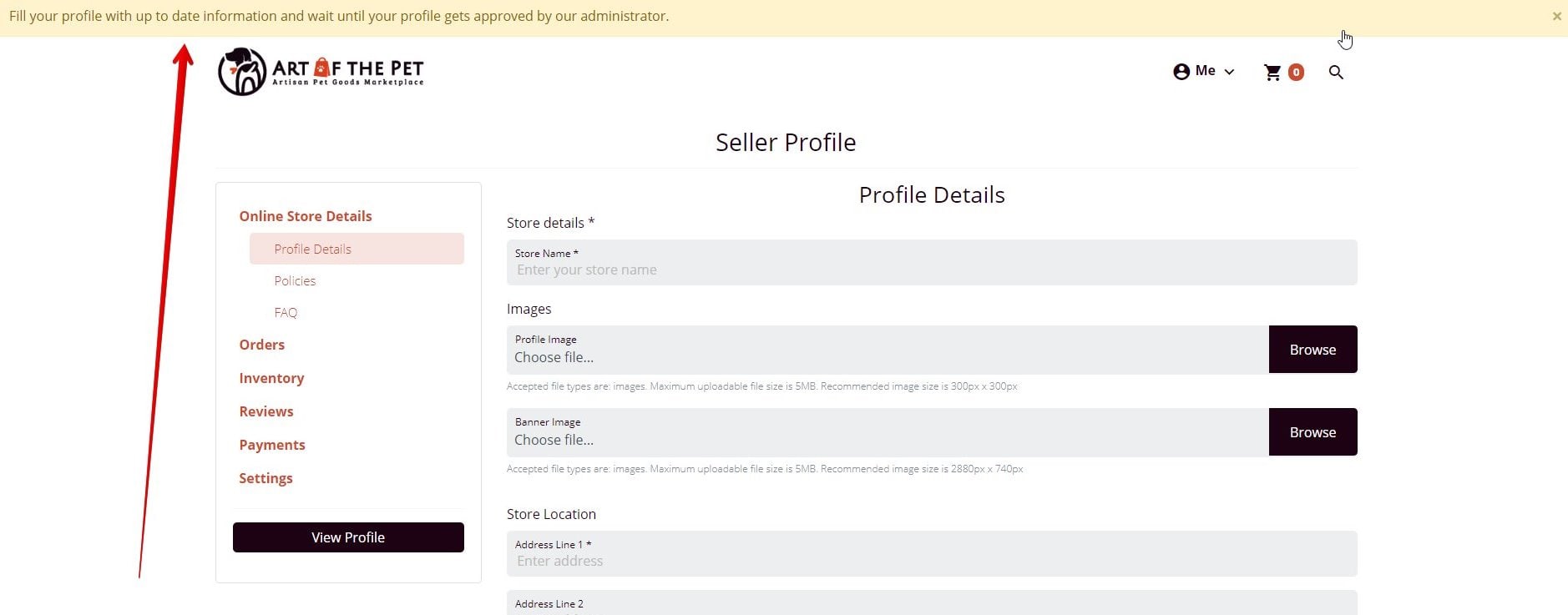 sellers prompted to fill profile while in moderation